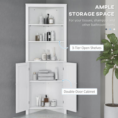 kleankin Triangle Bathroom Cabinet, Corner Bathroom Storage Unit with Cupboard and 3-Tier Shelves, Free Standing, White 