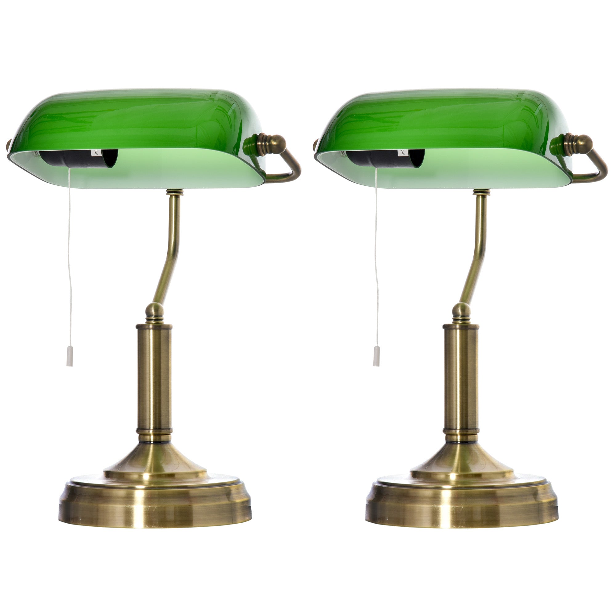 HOMCOM Banker's Table Lamps Set of 2, Desk Lamps with Antique Bronze Tone Base, Green Glass Shade and Pull Rope Switch for Home Office, Living Room, Bedroom, Dining Room, Green 