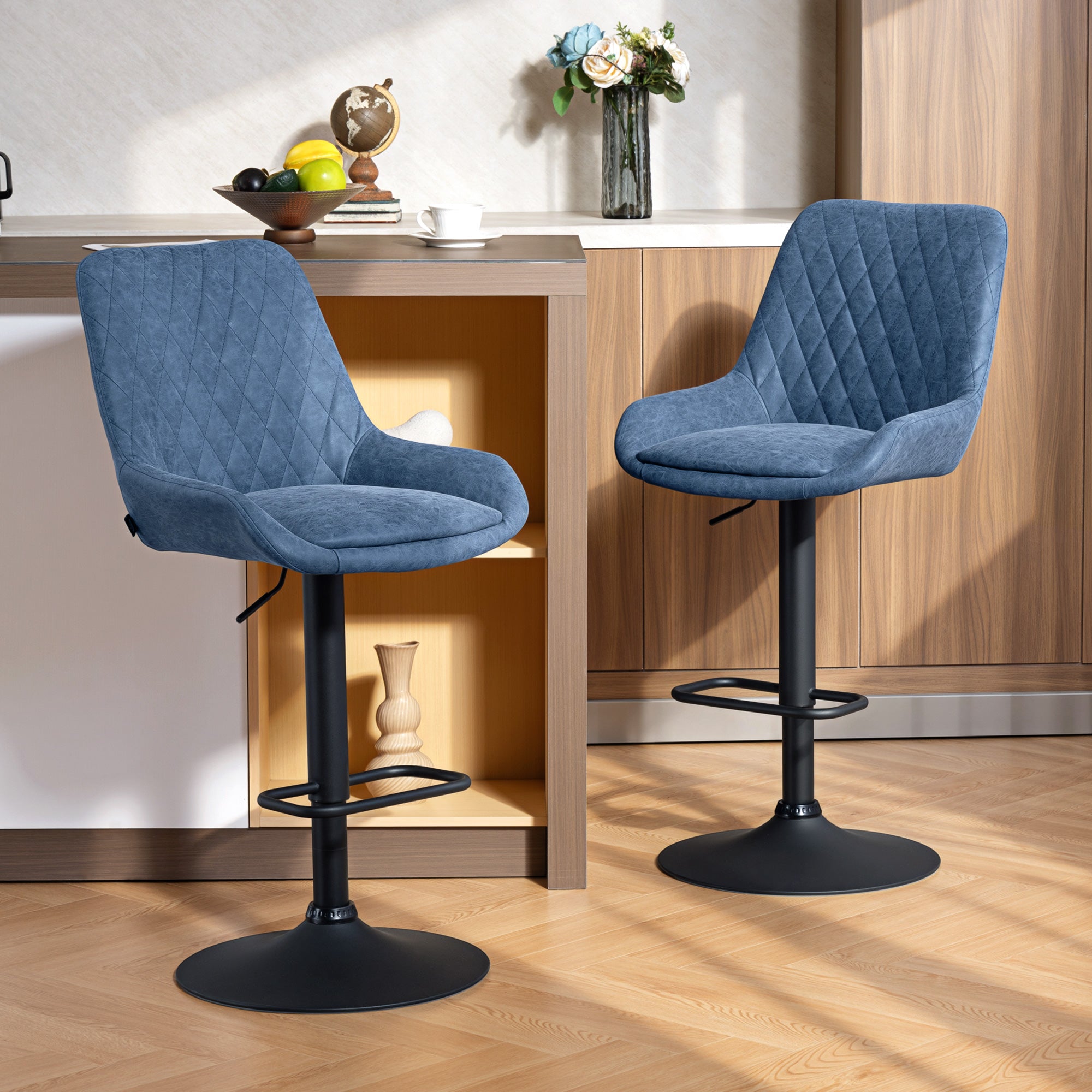 HOMCOM Set of Two Faux Leather Retro Bar Stools - Dark Blue 