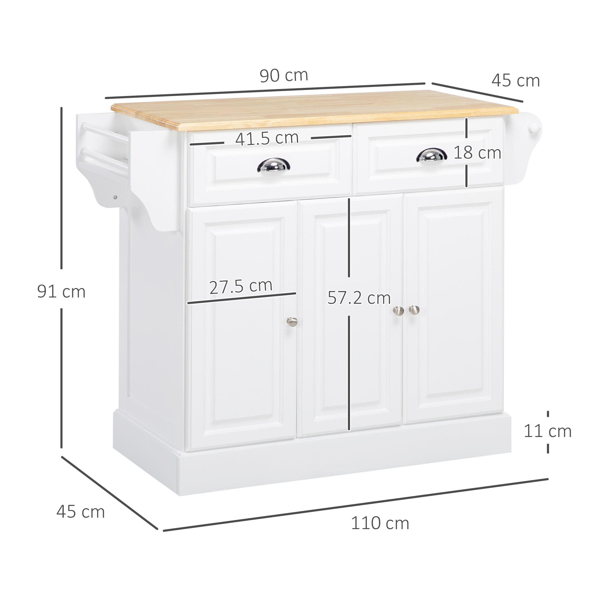 HOMCOM Kitchen Island with Storage Rolling Kitchen Serving Cart with Rubber Wood Top Towel Rack Storage Drawer Cabinet White 