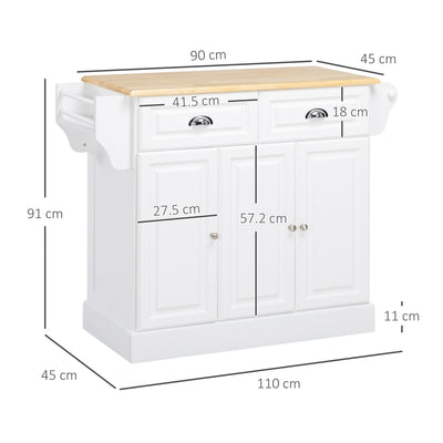 HOMCOM Kitchen Island with Storage Rolling Kitchen Serving Cart with Rubber Wood Top Towel Rack Storage Drawer Cabinet White 