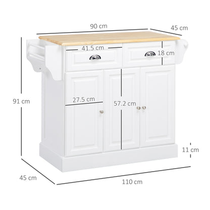 HOMCOM Kitchen Island with Storage Rolling Kitchen Serving Cart with Rubber Wood Top Towel Rack Storage Drawer Cabinet White 