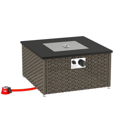 Outsunny Rattan Gas Fire Pit Table for Garden, 13 KW Smokeless Propane Fire Pit with Lid, Square Garden Coffee Table with Patio Heater for Outdoor, Patio, 58 x 58 x 33 cm, Grey 