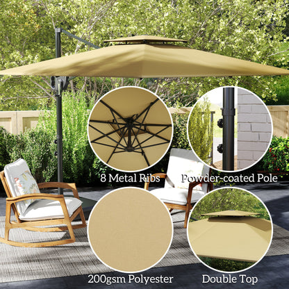 Outsunny Cantilever Parasol with Weighted Base Double Top Garden Parasol Square Hanging Patio Umbrella with Crank Tilt Khaki 