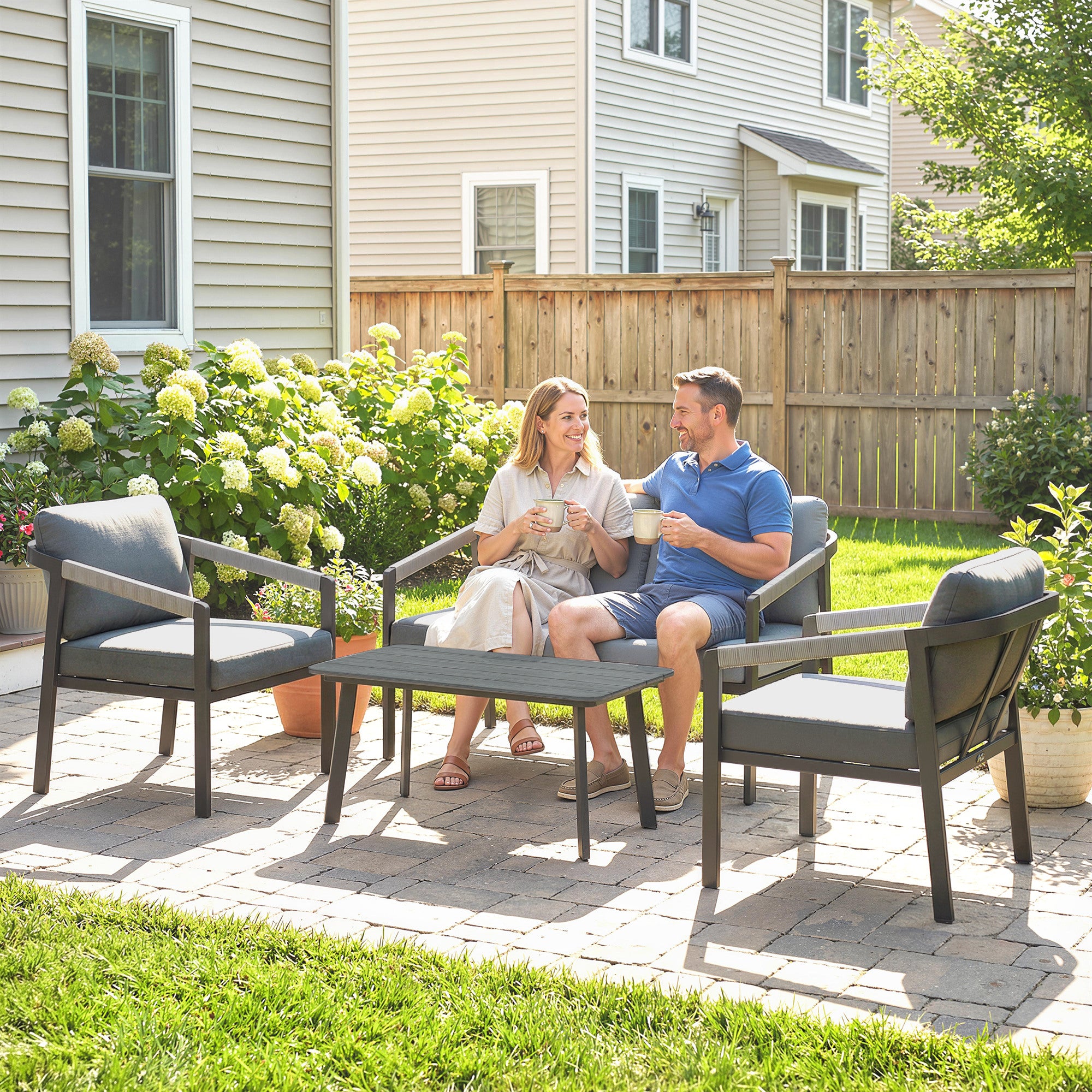 Outsunny Aluminium Garden Furniture Set, 4 Seater Outdoor Patio Furniture with Loveseat, 2 Armchairs, Slatted Table 