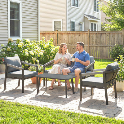 Outsunny Aluminium Garden Furniture Set, 4 Seater Outdoor Patio Furniture with Loveseat, 2 Armchairs, Slatted Table 