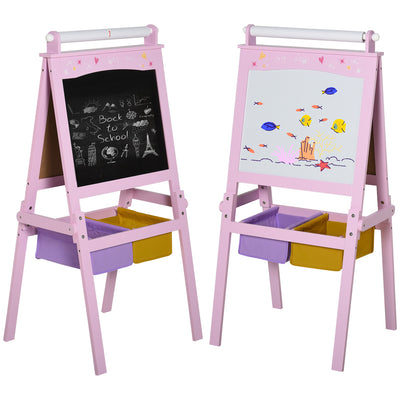 HOMCOM Kids Easel 3 in 1 Wooden Art Easel with Paper Roll Double-Sided Chalkboard & Whiteboard with Storage Baskets for Toddler Girls, Pink 
