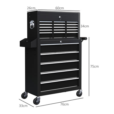 HOMCOM 19 Drawer, Two-Part Tool Storage Chest on Wheels - Black 