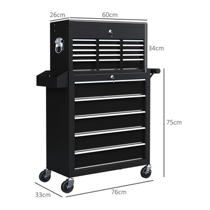 HOMCOM 19 Drawer, Two-Part Tool Storage Chest on Wheels - Black
