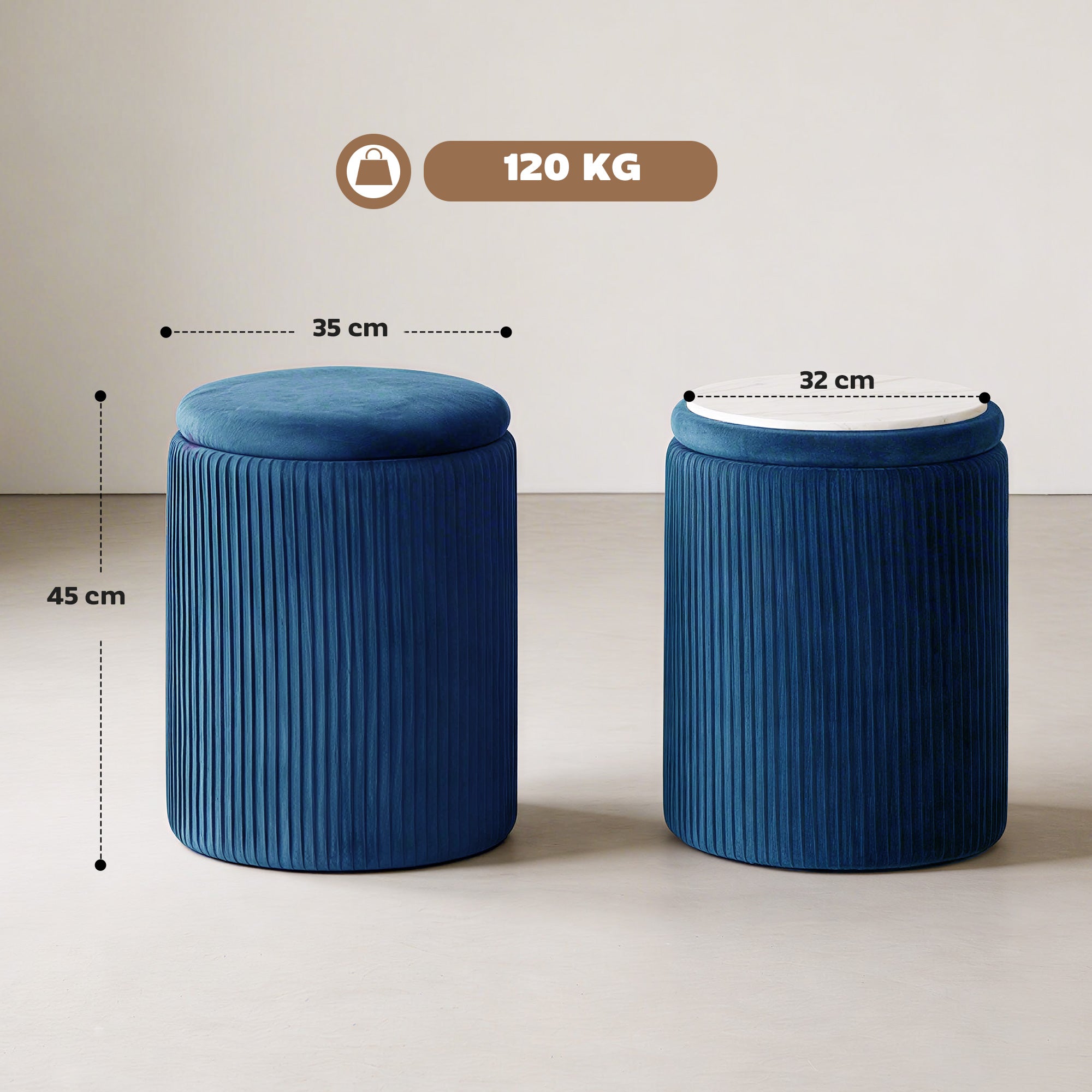 HOMCOM Storage Ottoman Modern Velvet Round Foot Stool for Living Room Bedroom 45 cm Blue 