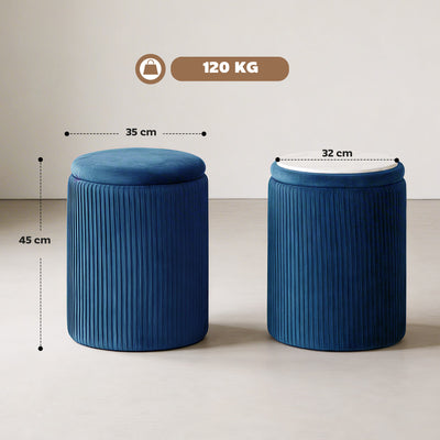 HOMCOM Storage Ottoman Modern Velvet Round Foot Stool for Living Room Bedroom 45 cm Blue 