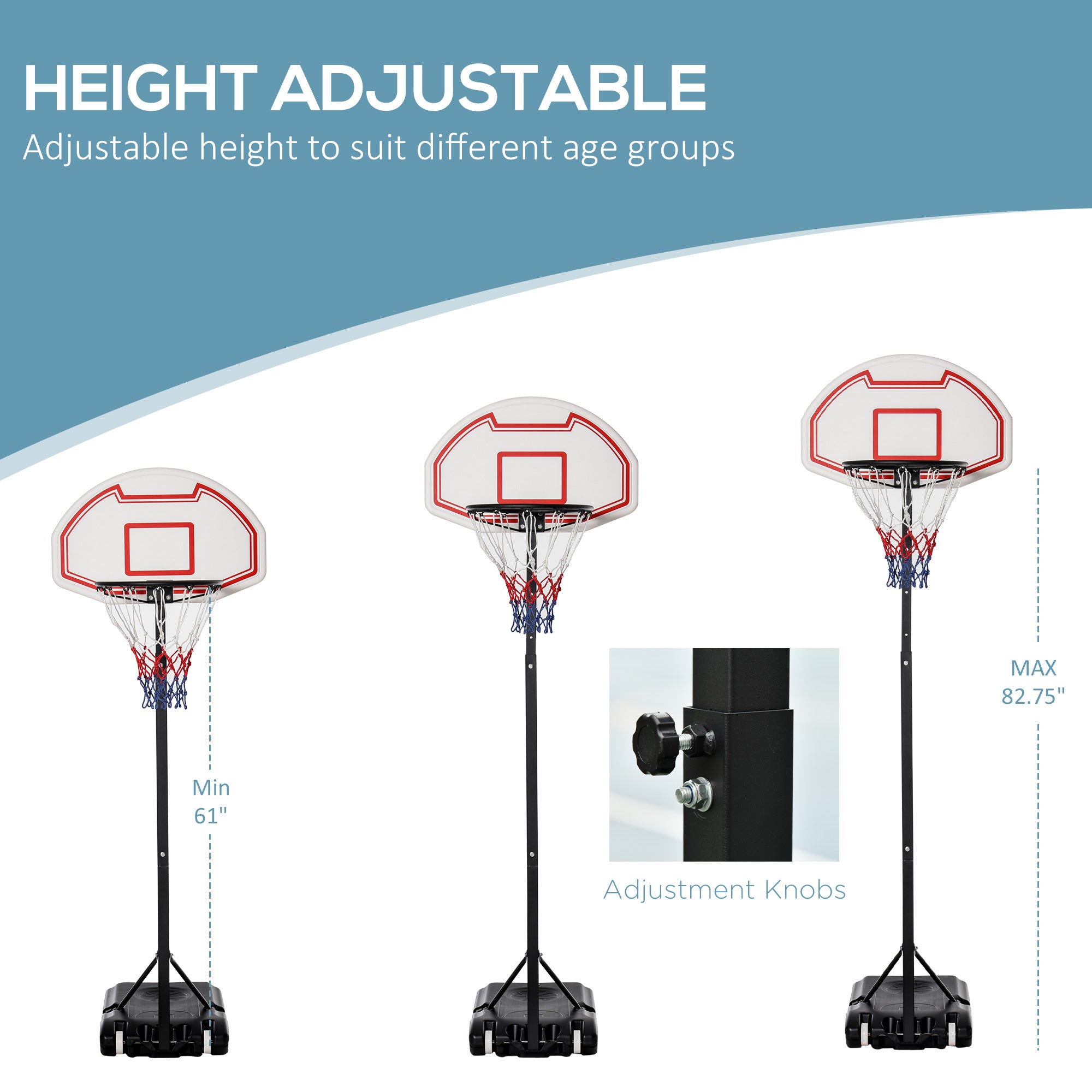 HOMCOM Portable Basketball Hoop Stand Freestanding Sports System Adjustable Height 1.55-2.1M on Wheels for Teenagers Adults, White 