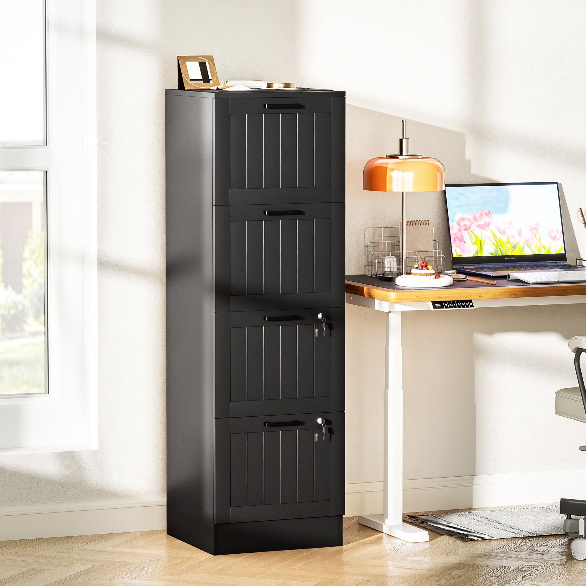 HOMCOM 4 Drawer Filing Cabinet with Lock, Office Storage Cabinet with Adjustable Hanging Bars for A4 Letter Size Files, Black 