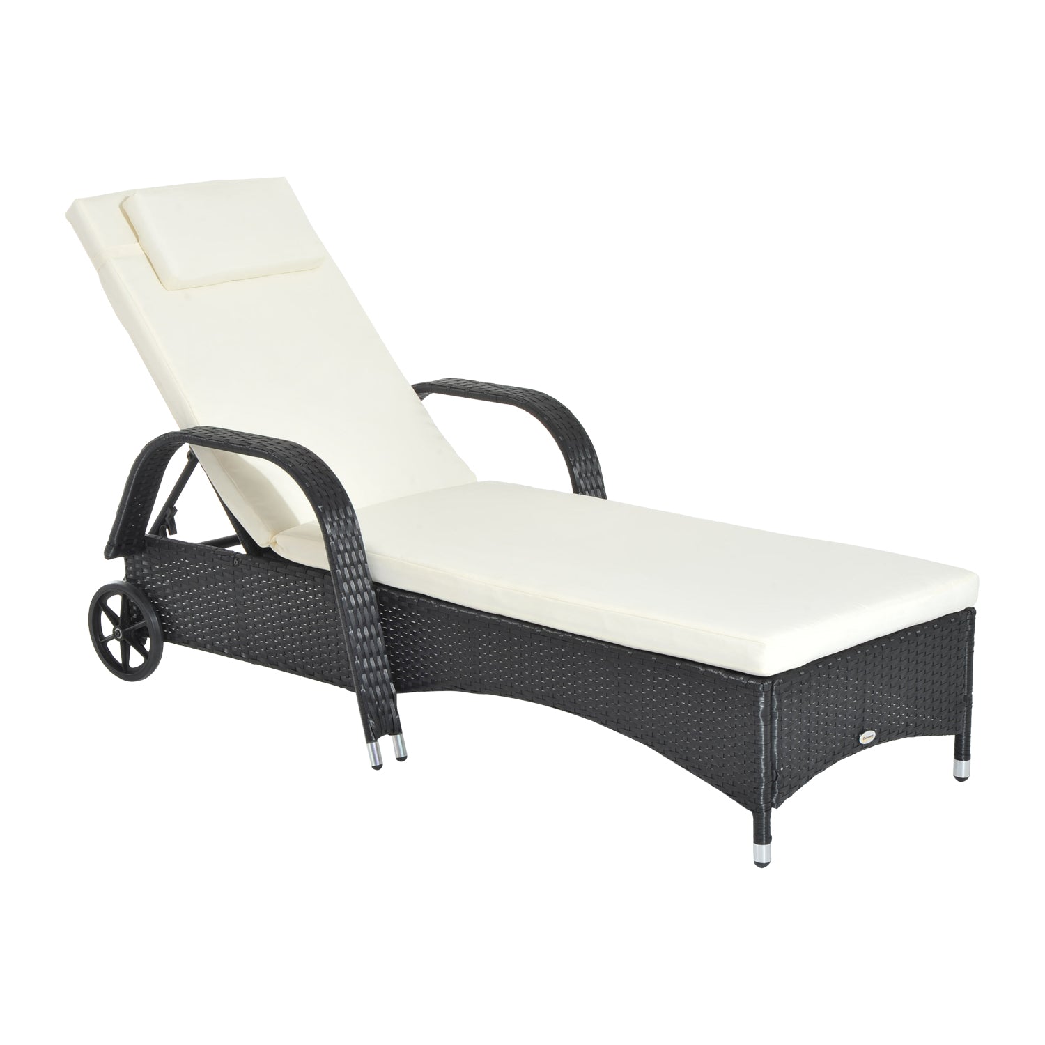 Outsunny Garden Rattan Furniture Single Sun Lounger Recliner Bed Reclining Chair Patio Outdoor Wicker Weave Adjustable Headrest with Fire Retardant Cushion - Black 