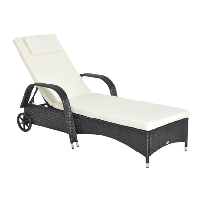 Outsunny Garden Rattan Furniture Single Sun Lounger Recliner Bed Reclining Chair Patio Outdoor Wicker Weave Adjustable Headrest with Fire Retardant Cushion - Black 