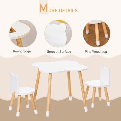 HOMCOM 3-Piece Kids Table and Chair Set with 2 Bear-Shaped Chairs, for Ages 1-4 Years, White 