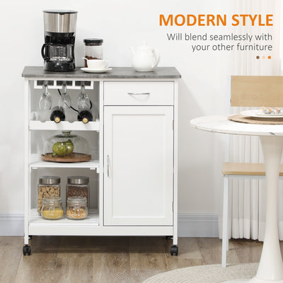HOMCOM Compact Kitchen Trolley Utility Cart on Wheels with Wine Rack, Drawer, Open Shelf and Storage Cabinet for Dining Room, White 