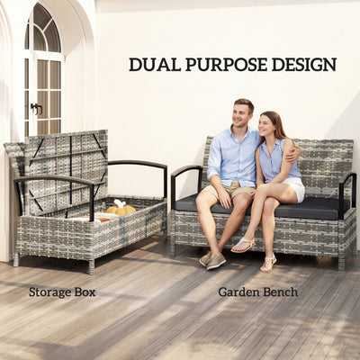 Outsunny 125L Garden Storage Bench, 2 Seater PE Rattan Outdoor Bench Storage Box with Padded Cushion, Dark Grey 