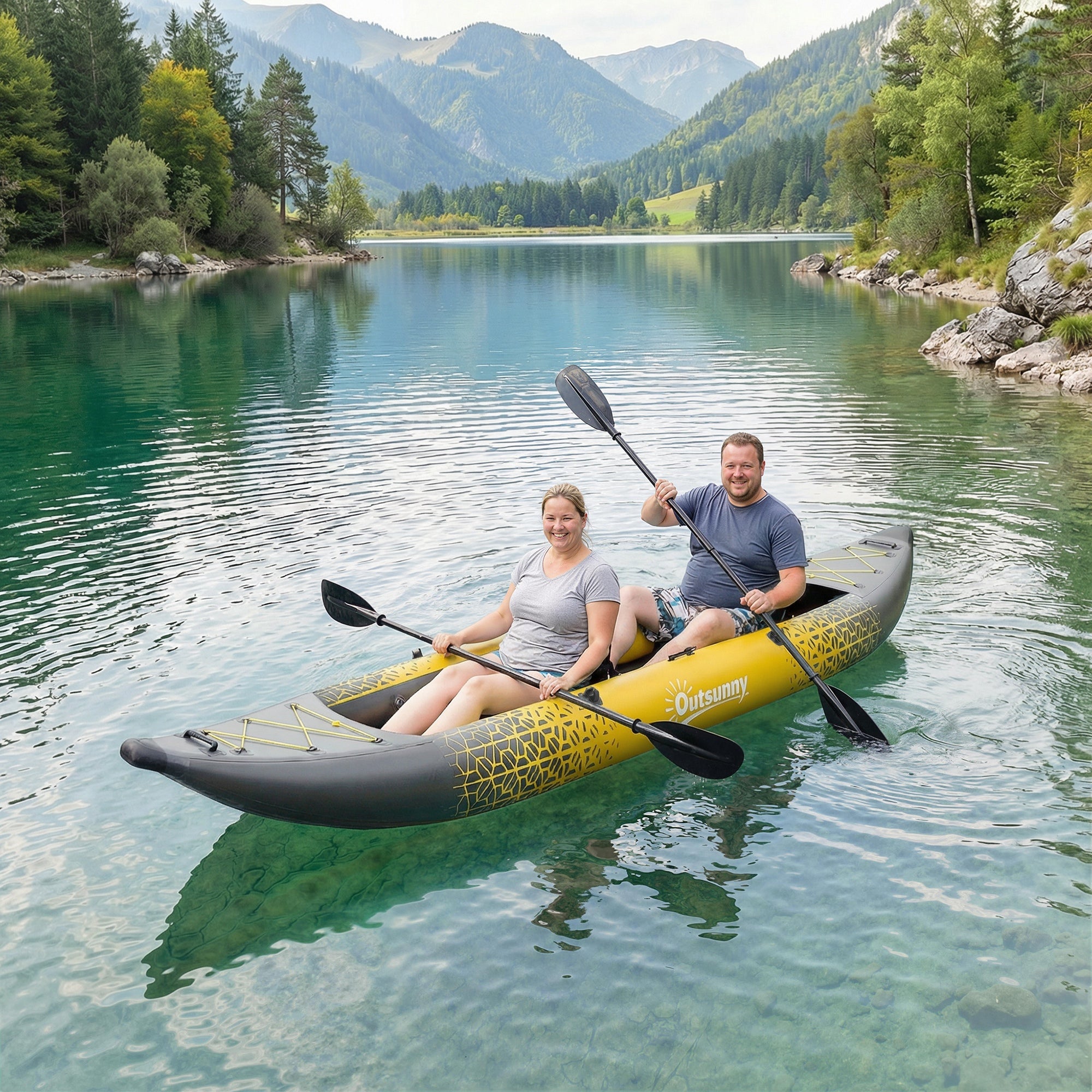 Outsunny 12.5' Inflatable Kayak Set, 2-person Sit on Canoe with Aluminium Oars, Grey and Yellow 