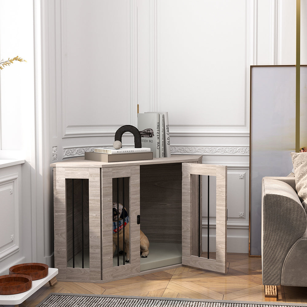 PawHut 2 in 1 Dog Crate Furniture Side Table, with Cushion, 104 x 55 x 63cm - Walnut Brown 