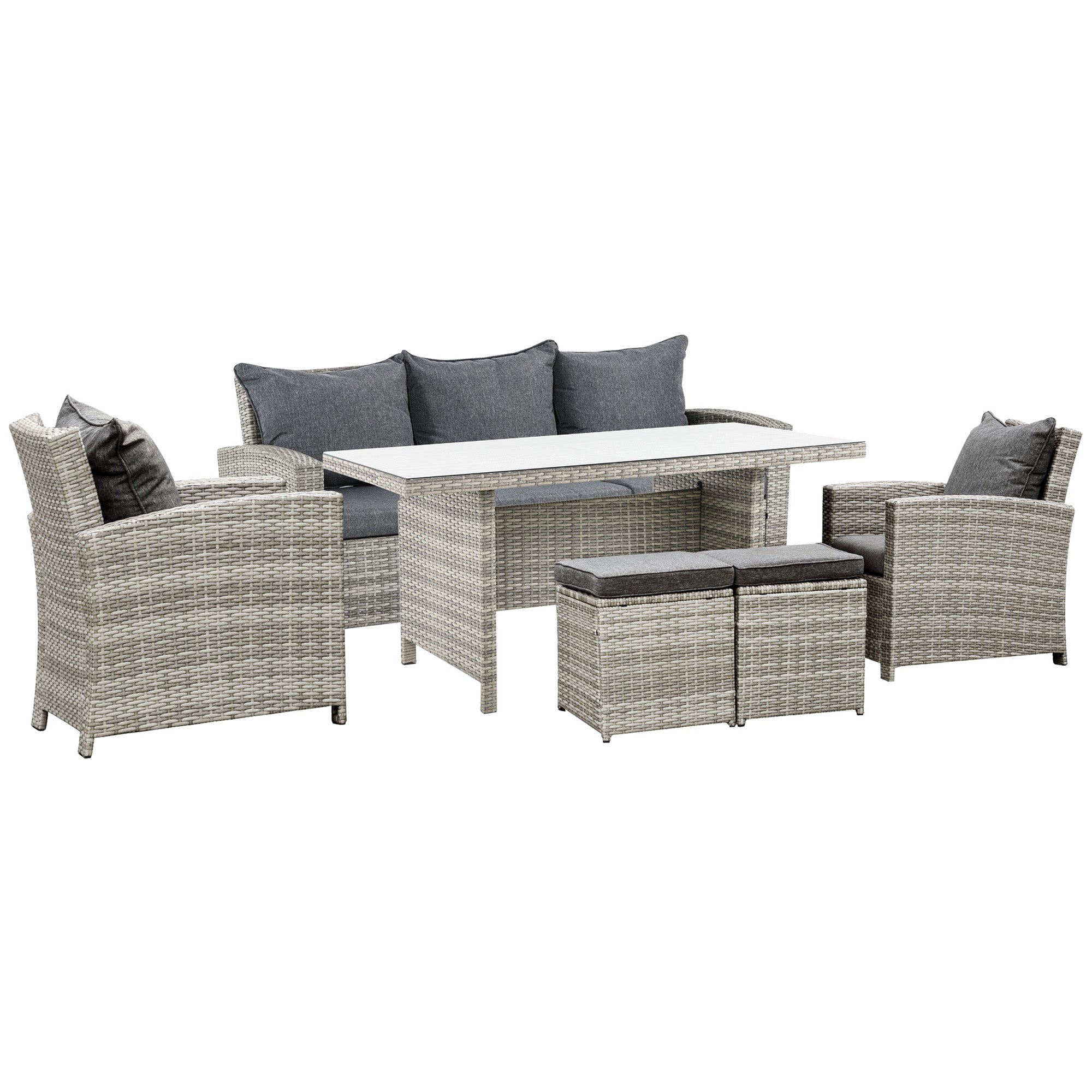Outsunny 6 Pieces PE Rattan Garden Furniture Set with Three-seat, Armchairs and Footstools, Aluminium Patio Wicker Dining Sets w/ Glass Top Dining Table, Soft Cushion, Light Grey 