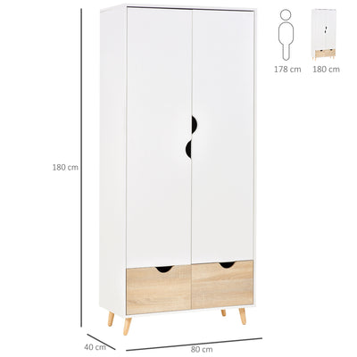 HOMCOM 2-Door Clothes Wardrobe w/ Rail Shelf 2 Drawers Wood Feet Elegant Home Storage Organisation Furniture Dresses Coats Blankets Shoes White 