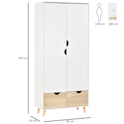 HOMCOM 2-Door Clothes Wardrobe w/ Rail Shelf 2 Drawers Wood Feet Elegant Home Storage Organisation Furniture Dresses Coats Blankets Shoes White 