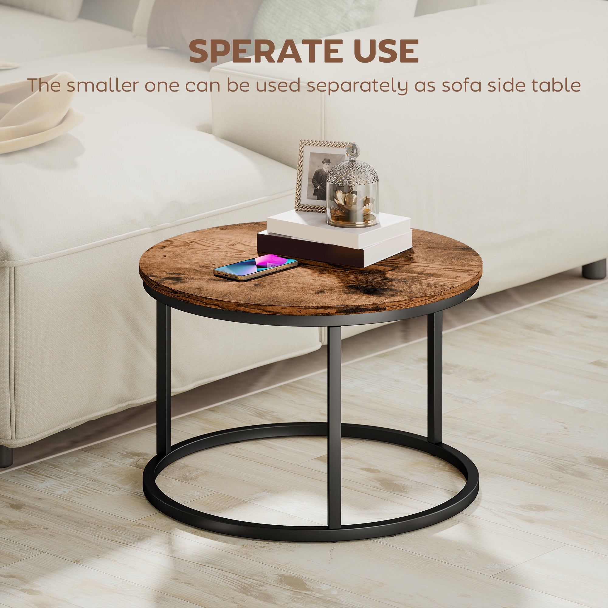 HOMCOM Coffee Table Set of 2, Round Nest of Tables with Metal Frame, Modern Side Tables for Living Room, Rustic Brown 
