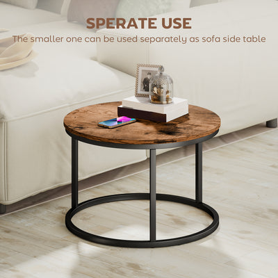 HOMCOM Coffee Table Set of 2, Round Nest of Tables with Metal Frame, Modern Side Tables for Living Room, Rustic Brown 