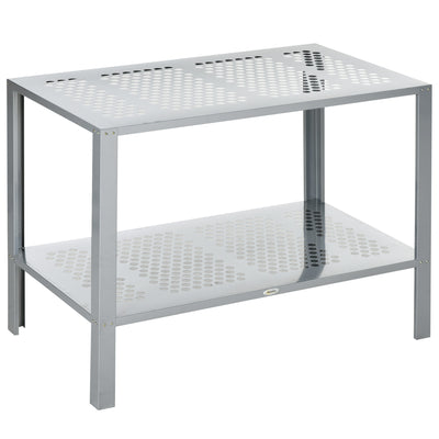 Outsunny 2-Tier Plant Stand, Corner Plant Shelf for Outdoor and Indoor Storage Organizer, Freestanding Flower Rack with Steel Frame, Mesh Board, Silver 