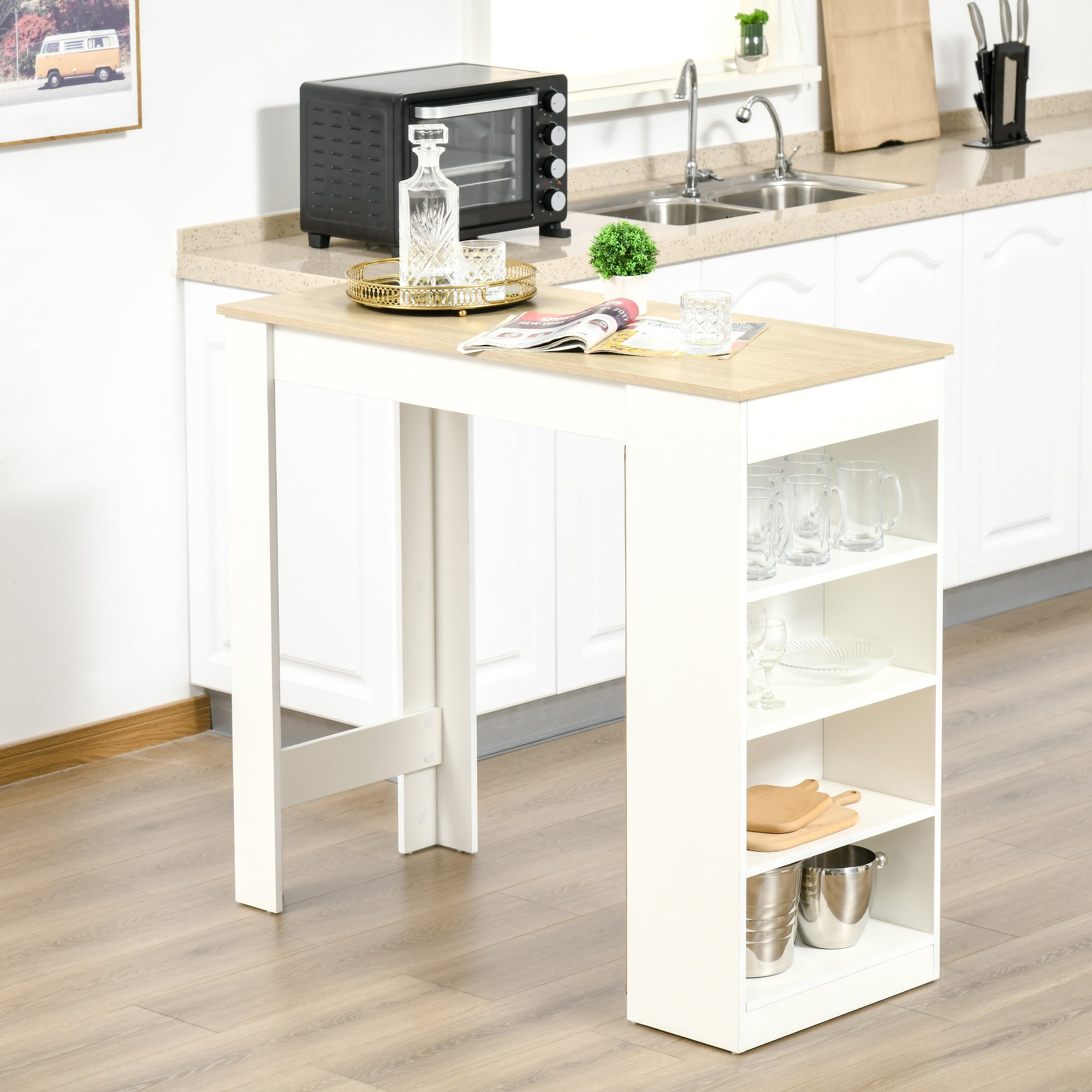 HOMCOM Bar Table, Dining Table with 4-Tier Storage Shelf for Breakfast Bar, Kitchen, Dining Room, Living Room, Natural 