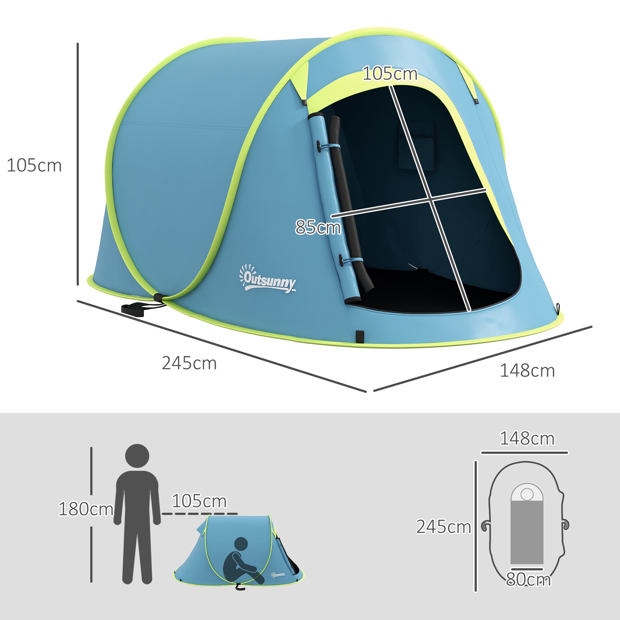 Outsunny Two-Man Pop-Up Dome Tent, with Accessories - Blue 