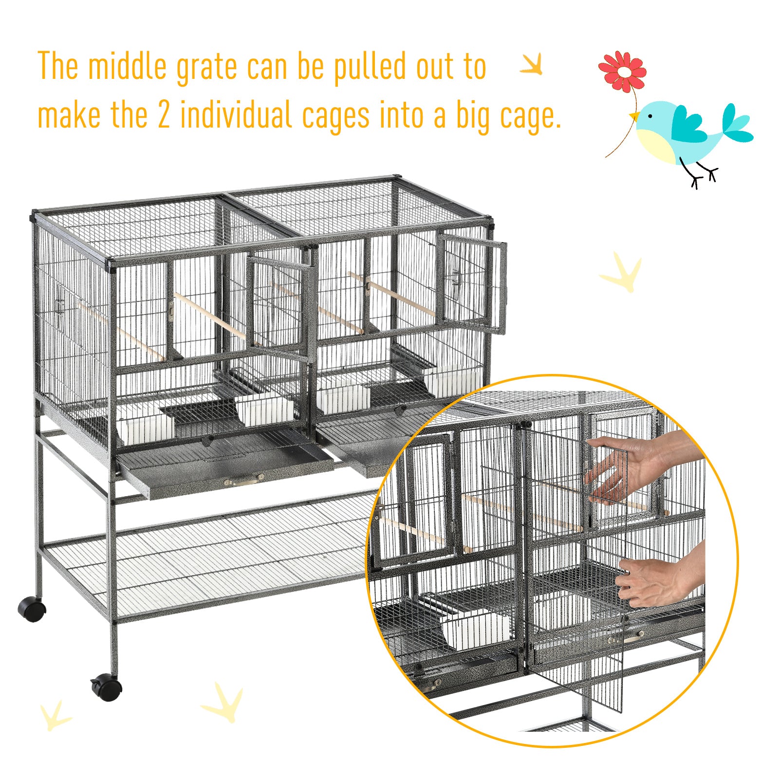 PawHut Large Bird Cage Parrot Cage with Divider, Slide Tray for Finch Canaries Parakeets Cockatiels, 95 x 45.5 x 102 cm 