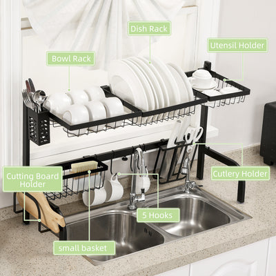 HOMCOM Space Saving 2 Tier Adjustable Dish Drainer Over The Sink Dish Drying Rack, Black 