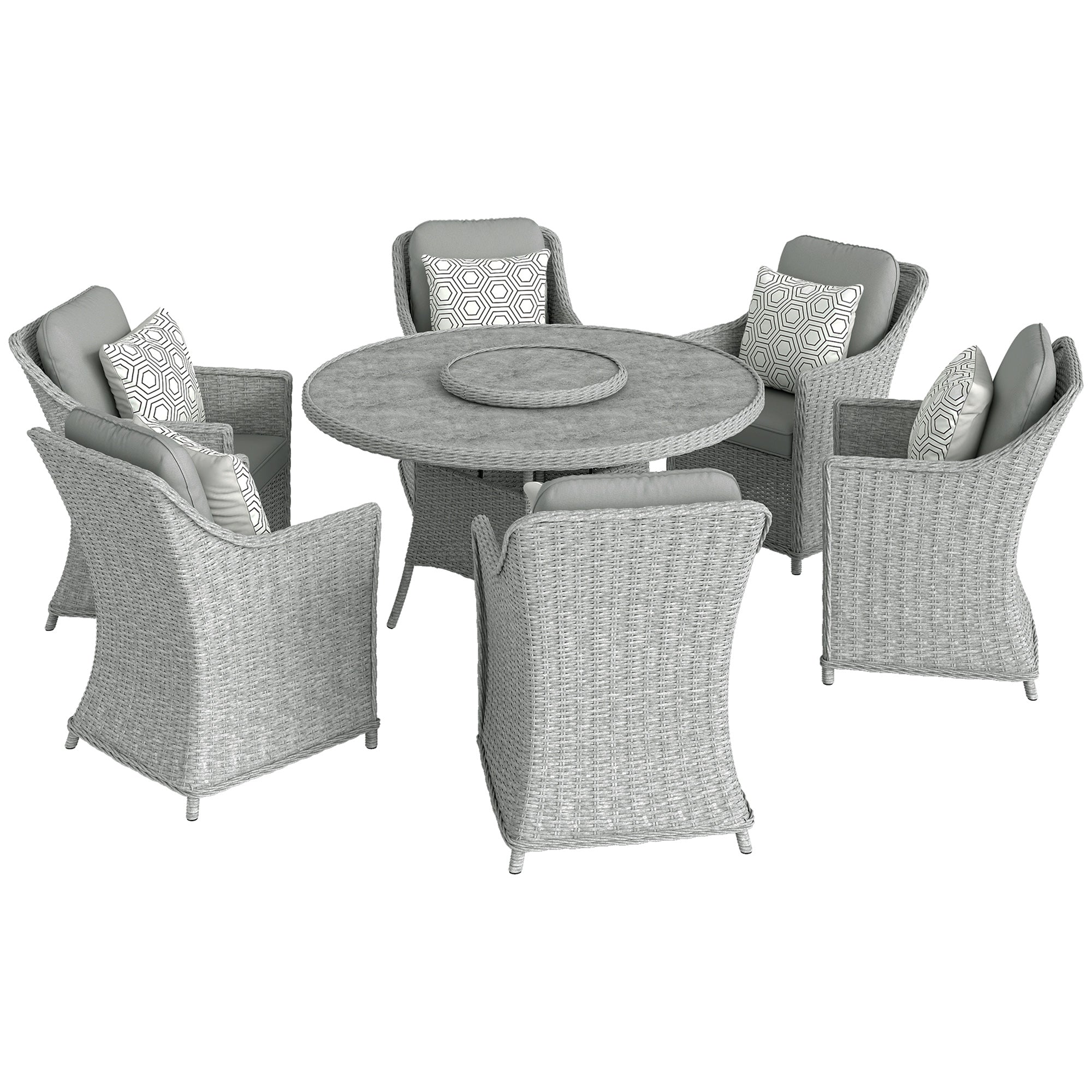 Outsunny Rattan Garden Dining Set with Turntable, Marble Effect Glass Round Garden Table and Chairs with Aluminium Frame, Grey 