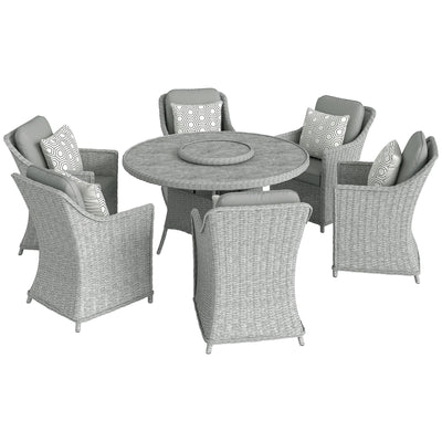 Outsunny Rattan Garden Dining Set with Turntable, Marble Effect Glass Round Garden Table and Chairs with Aluminium Frame, Grey 