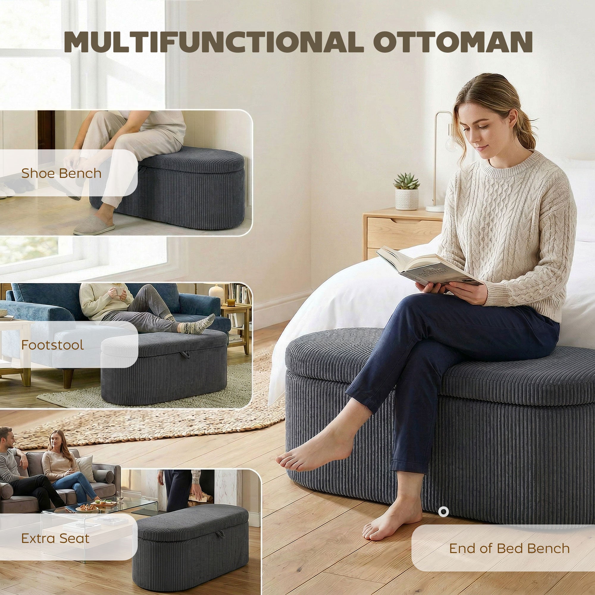 HOMCOM Storage Ottoman, Corduroy Upholstered Ottoman Storage Box with Padded Seat, 105 x 51 x 49 cm, Dark Grey 
