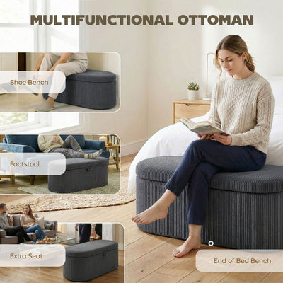 HOMCOM Storage Ottoman, Corduroy Upholstered Ottoman Storage Box with Padded Seat, 105 x 51 x 49 cm, Dark Grey 