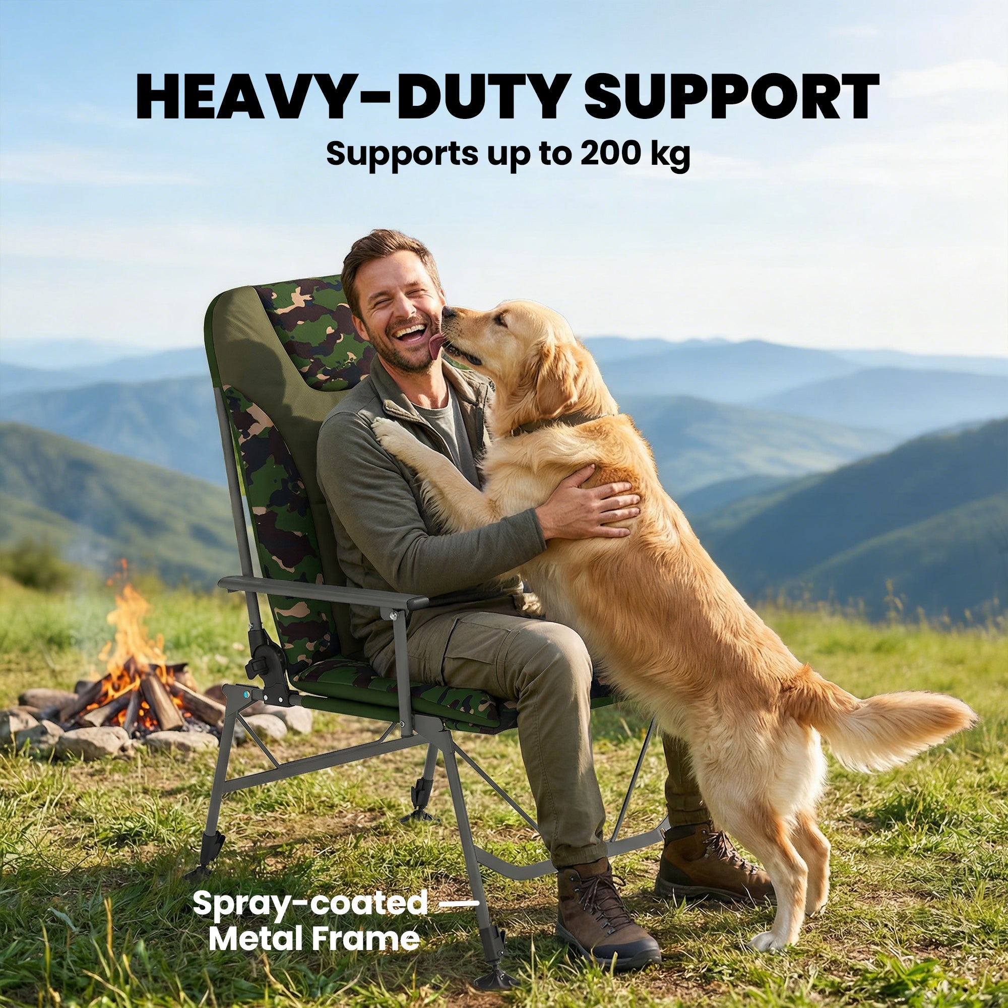 Outsunny Camping Chair Padded Reclining Folding Chair with Wide Armrests for Adults Camouflage 