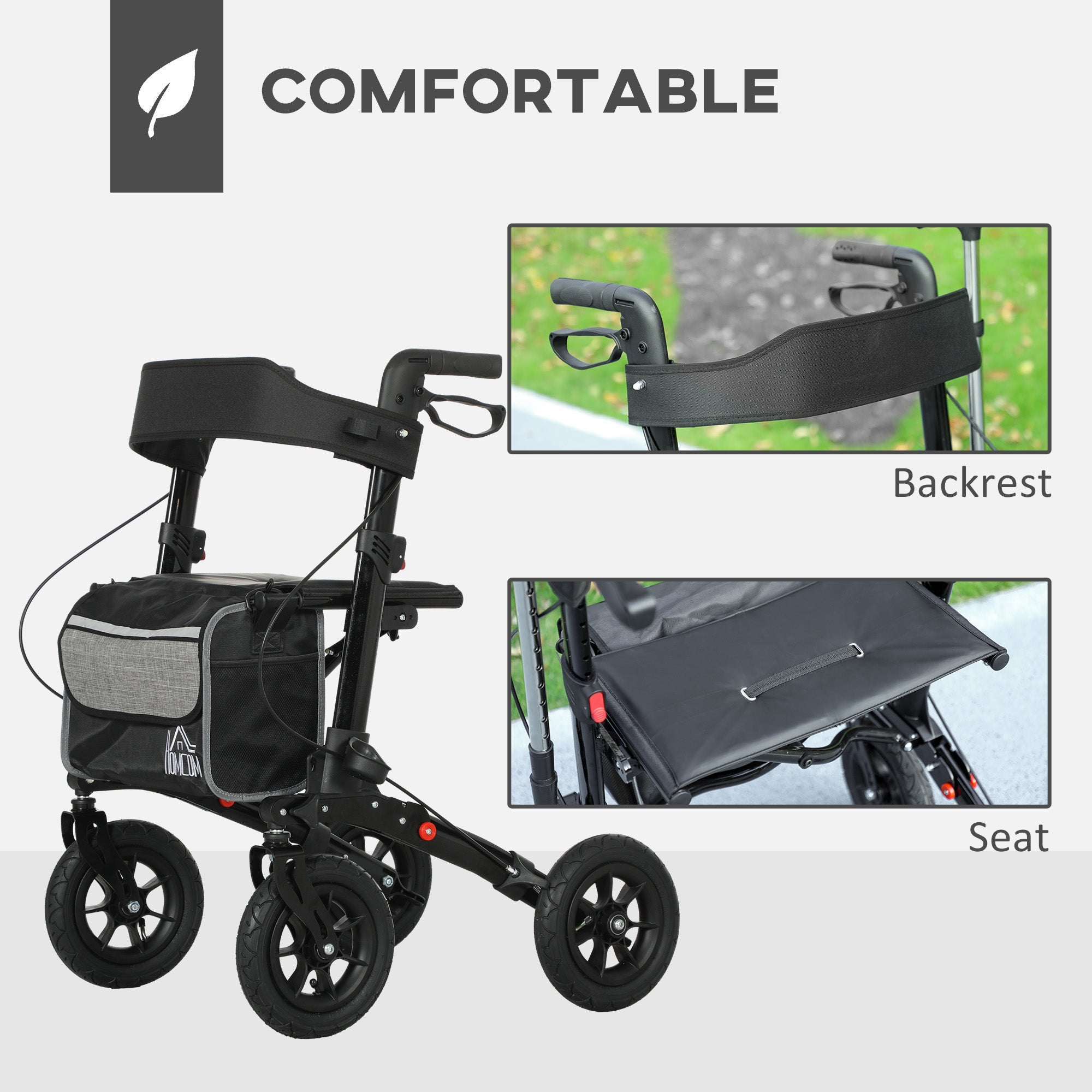 HOMCOM Folding Rollator Walker with Padded Seat, Backrest, Lightweight Walking Frame with Storage Bag, Dual Brakes, All-terrain Wheels, Adjustable Handle Height, 4 Wheeled Walker for Seniors, Black 