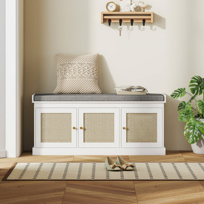 HOMCOM Shoe Storage Bench with Woven Rattan Doors, Seat - White 