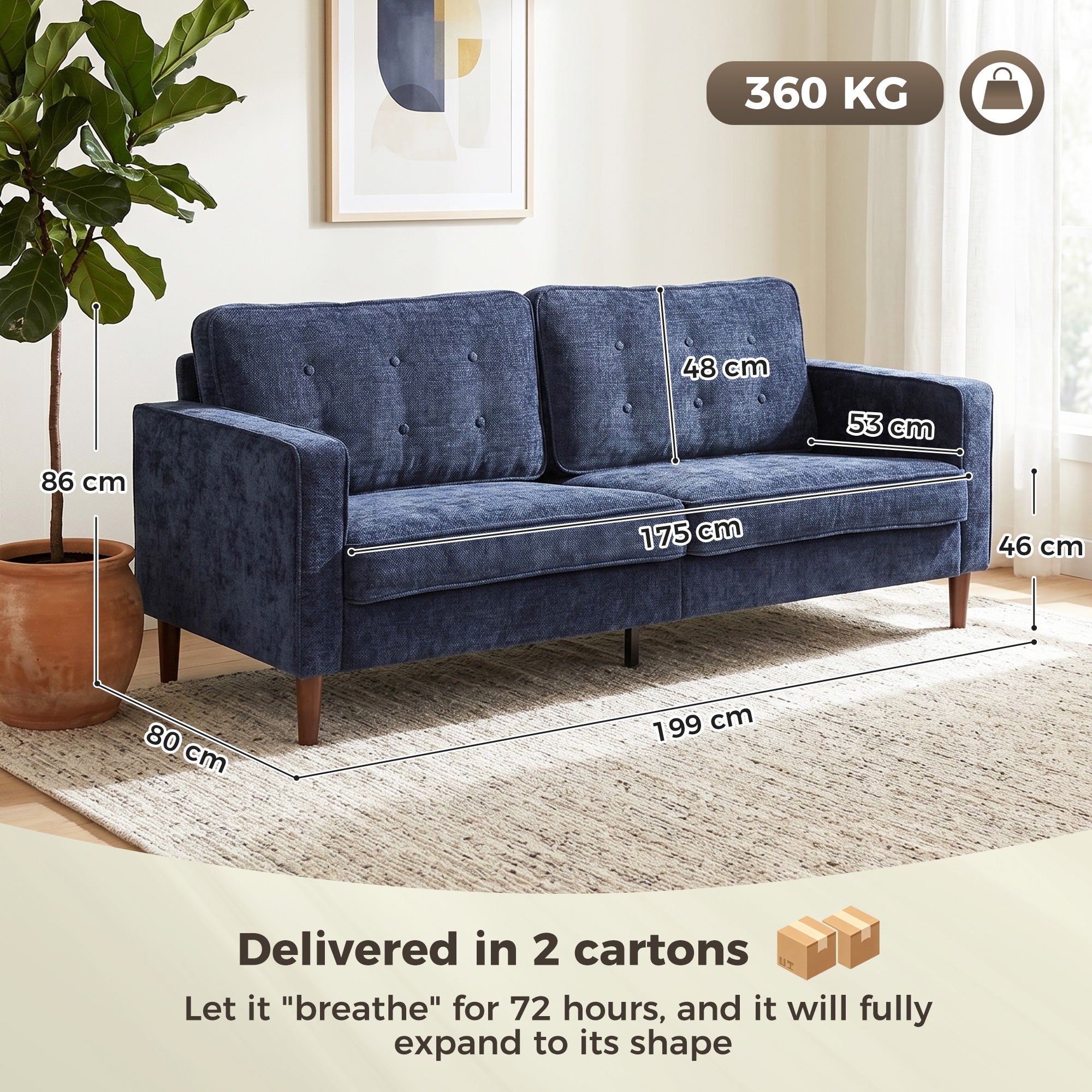 HOMCOM 3 Seater Sofa Button Tufted Upholstered Velvet Couch with Wood Legs for Living Room, Dark Blue