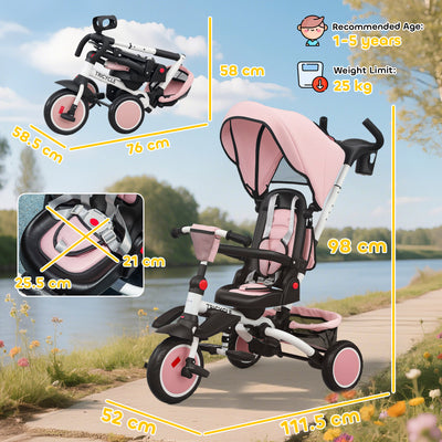 AIYAPLAY 6 in 1 Foldable Kids Trike with Adjustable Parent Handle & Canopy for Ages 1-5, Pink 