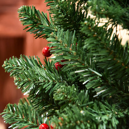 HOMCOM 6FT Prelit Artificial Pencil Christmas Tree with Warm White LED Light, Red Berry, Holiday Home Xmas Decoration, Green 