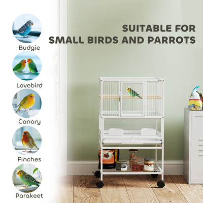 PawHut Bird Cage with Rolling Stand, Acrylic Viewing Panels, Storage Shelf, for Budgie, Parakeet, 48 x 46 x 83 cm 