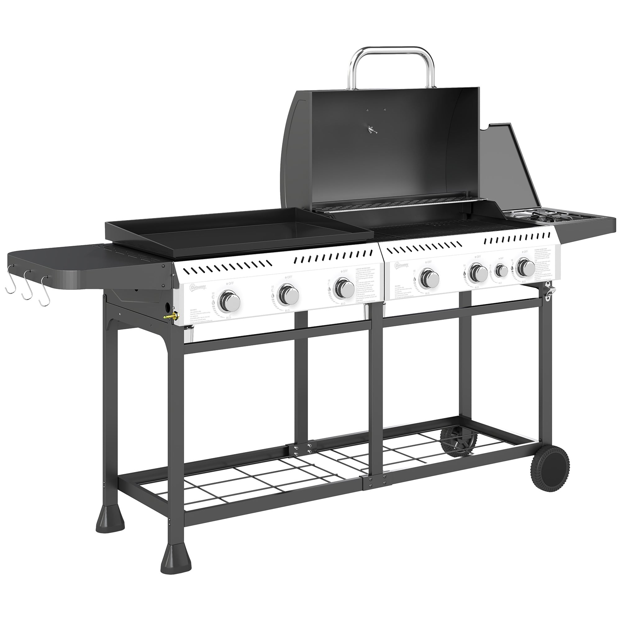 Outsunny Deluxe Duo Gas BBQ, with Grill, Plancha and Side Burner - Black 