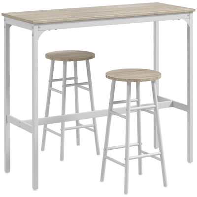 HOMCOM 3 Piece Bar Table Set with 2 Stools, Industrial Bar Table and Stool, Dining Table and Chair, Oak 