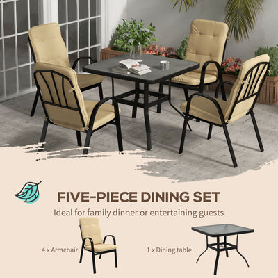 Outsunny 5 Pieces Outdoor Square Garden Dining Set w/ Tempered Glass Dining Table 4 Cushioned Armchairs, Umbrella Hole, Beige 