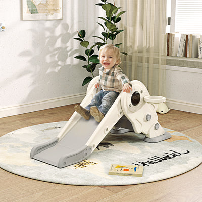 AIYAPLAY 3-in-1 Kids Slide with Basketball Hoop, Climber, Anti-Slip Steps for Toddlers, Ages 2-5 Years, Cream White 