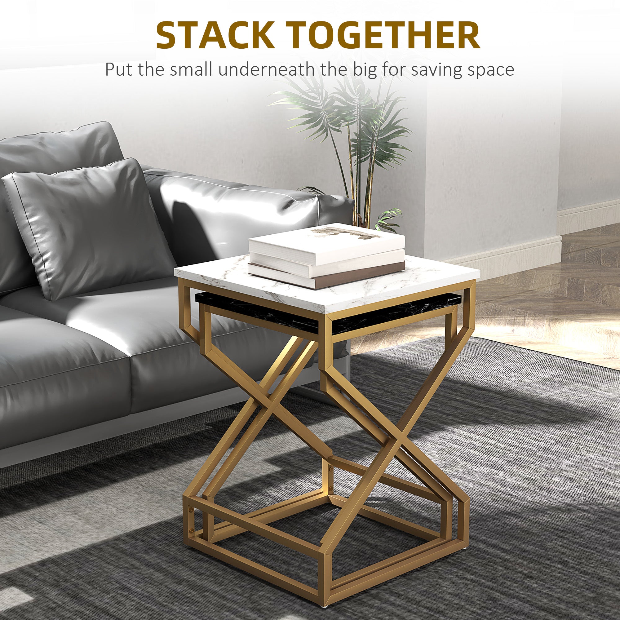 HOMCOM Set of Two Marble-Effect Nesting Tables 